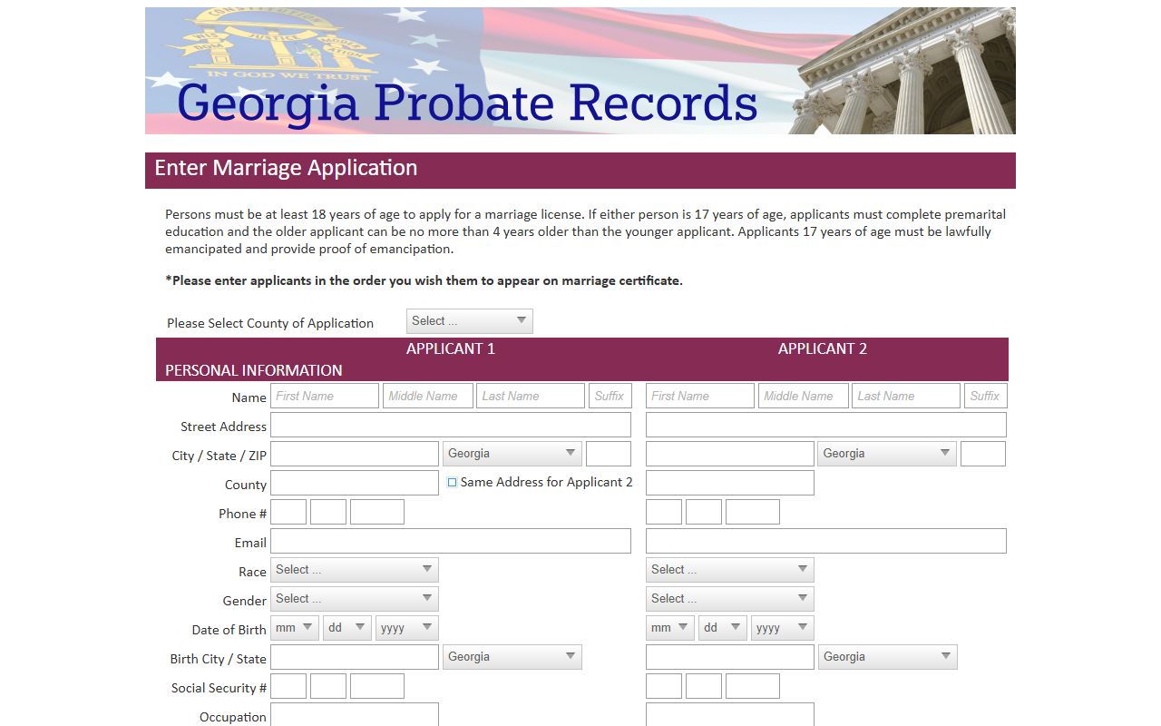 Stephens County marriage records Georgia probate marriage application