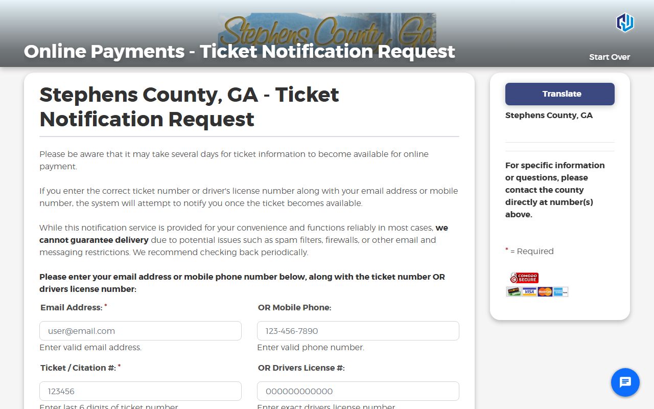 Stephens County ticket notification request page