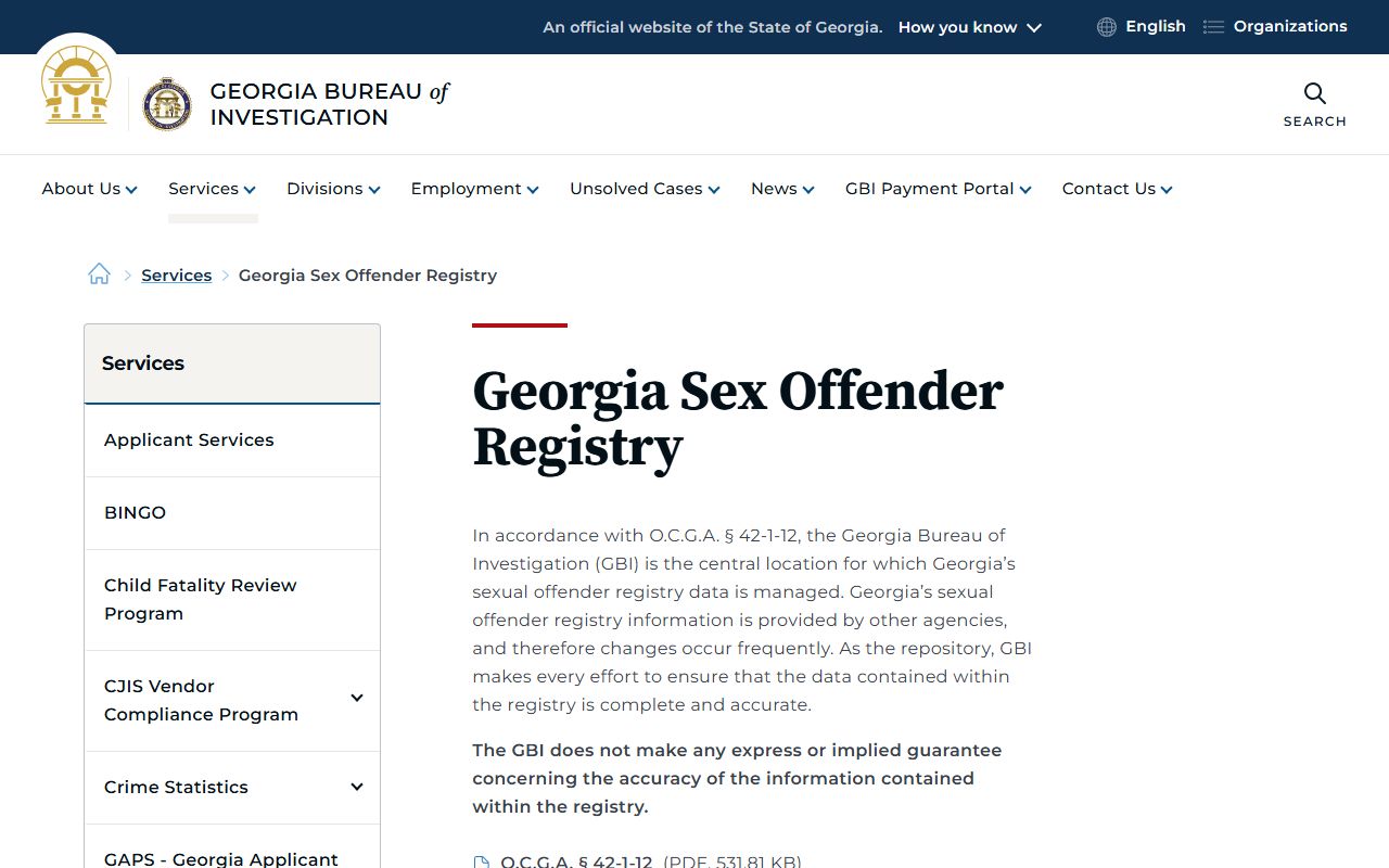 GBI sex offender registry information page for Georgia
